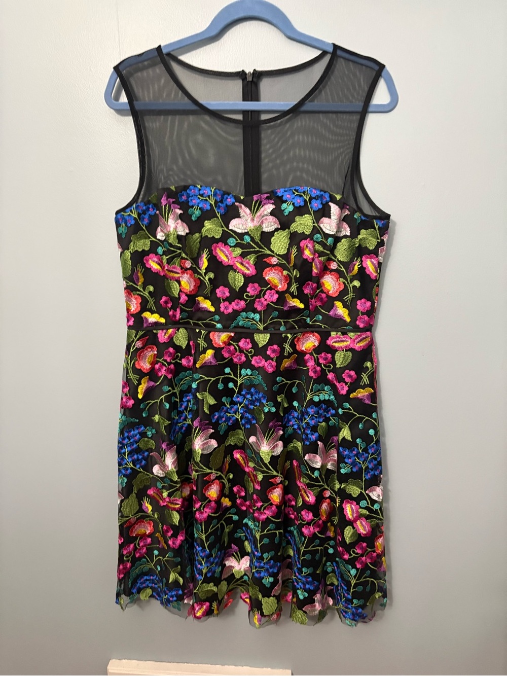 Tahari Floral Embroidered Black Mesh Yoke Dress - Pink & Blue Floral